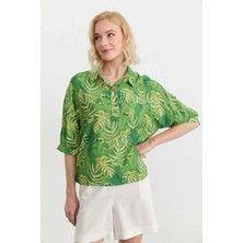 Selen Yarım Patlı Raglan Kol Palmiye Desen Bluz  /  Yeşil