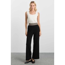 Selen Bol Paça Lastiği Çizgili Örme Pantolon  /  Siyah