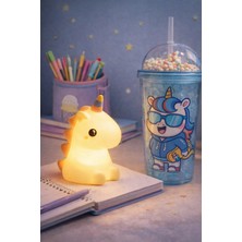 Pileli Store 2'li Set Rgb LED Unicorn Gece Lambası Yumuşak Silikon – Mavi Unicorn Tema 450 ml Çift Katman Suluk