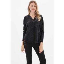 Selen Yakası Fermuarlı Leopar Desen Bluz  /  Siyah