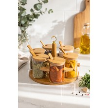 Nokka 6’lı Baharatlık (7x7 Cm) Seti Cam Kavanozlu Kaşıklı Bambu Stand – Modern Mutfak Düzenleyici