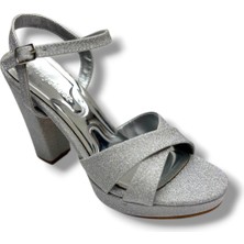 Erbay 308-26 Simli Saten Çapraz Bant Kalın Topuk Kadın SANDALET(11CM)