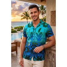Exve Exclusive Turkuaz Mavi Yeşil Geçişli Etnik Doğal Nefes Alan Viskon Rahat Kısakol Yazlık Soft Hawaii Gömlek