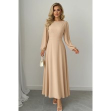 Droptan Kadın Inci Detay Yuvarlak Yaka Prenses Kol Bel Dekolteli Kendinden Kuşaklı Krep Kumaş Elbise