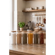 Nokka 6\\\'lı Bambu Vakum Kapaklı Borosilikat Cam Baharatlık Takımı - 500 ml