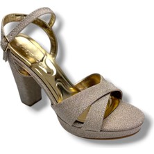 Erbay 308-26 Simli Saten Çapraz Bant Kalın Topuk Kadın SANDALET(11CM)