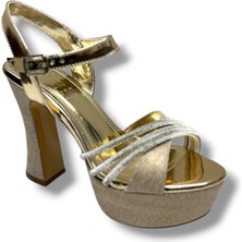 Defne 798-26 Simli Saten Çapraz Taşlı 30MM Platform Topuk Kadın SANDALET(12CM)