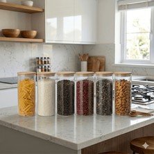 Nokka 6’lı Borosilikat Cam Kavanoz Seti Bambu Kapaklı 1300 ml Baharatlık Saklama Kabı Mutfak Düzenleyici