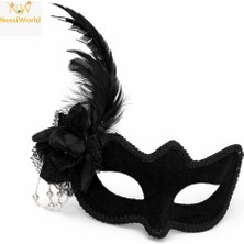 Markaon Beyaz Inci Detaylı Siyah Süet Venedik Kadın Maskesi Tüylü Güllü