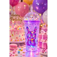 Pileli Store Pipetli Suluk Tavşan Temalı Buz Görünümlü  LED Işıklı 450 ml Çift Katman Mika Su Şişesi 2087 Mor