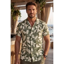 Exve Exclusive Su Yeşili Beyaz Çiçek Baskılı Doğal Nefes Alan Viskon Rahat Kısakol Yazlık Soft Hawaii Gömlek