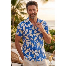 Exve Exclusive Mavi Bej Çiçek Baskılı Doğal Nefes Alan Viskon Rahat Kısakol Yazlık Soft Hawaii Gömlek