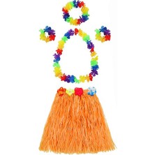 Markaon Yetişkin ve Çocuk Uyumlu Luau Aloha Hawaii Turuncu Etek ve Renkli Kolye Taç 2 Adet Bileklik Seti