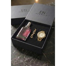Duke Nickle Taşlı Bileklikli Altın Metal Kordon Kadın Kol Saati Parfüm Kutulu Hediye Seti