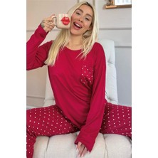 Pijama Evi Bordo Mini Puan Desenli Bambu Uzun Kol Kadın Pijama Takımı