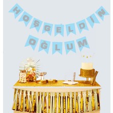 Markaon Hoşgeldin Oğlum Mavi Üzeri Gümüş Yeni Doğan Bebek Doğum Süsü Afiş Bayrak Flama 2.2 Metre