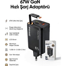 Gunkes Fulltech FC57 67W Gan Dijital Göstergeli  Hızlı Şarj Adaptörü | Dahili Retractable Usb-C Kablo + Usb-A Çıkışı | Telefon, Tablet ve Laptop Uyumlu