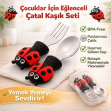 Jojobebek Uğurböceği Premium Çocuk Bpa'sız Silikon Saplı Paslanmaz Çelik Uçlu Çatal-Kaşık/saklama Kutusu 9+Ay