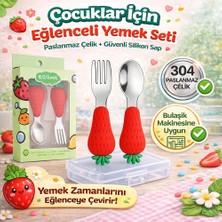 Jojobebek Çilek Figürlü Premium Çocuk Bpa'sız Silikon Saplı Paslanmaz Çelik Uçlu Çatal-Kaşık/saklama Kutusu