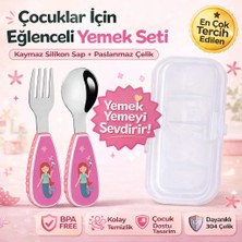 Jojobebek Figürlü Premium Çocuk Bpa Free Kaliteli Silikon Saplı Paslanmaz Çelik Uçlu Çatal-Kaşık Pembe Renk