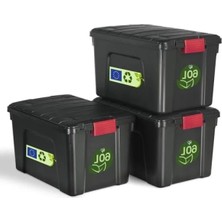 Ulu Pazarlama Kapaklı Büyük Saklama Kutusu Seti, 60L, 3'lü Paket, Bpa Içermez, Siyah