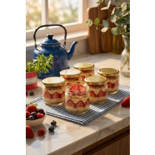 Zuri Design 6'lı Cam Tatlı Kavanozu Altın Kapaklı Sunum Bardağı Katlı Magnolia Sunumu 300 ml