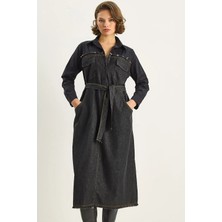 Shade Kadın Gömlek Yaka Kemerli Denim Elbise