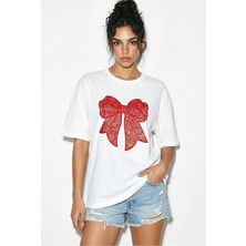 Shade Kadın %100 Pamuk Bisiklet Yaka Kadife Fiyonk Baskılı Oversize T-Shirt