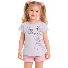 Pıtırcık Kız Çocuk Happy Yazılı Kedi Desenli Gri Renk Tişört