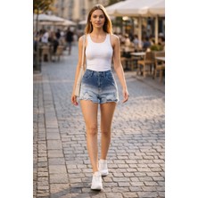 CEDY DENIM Kadın Yüksek Bel Yıpratmalı Paçası Püsküllü Kot Şort Mini Jean Porto Mavi C603