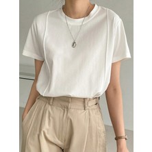 Tarz Cool Kadın Kısa Kollu Çizgi Detaylı Basic Tişört Süprem Kumaş Yazlık Rahat T-Shirt