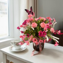 Sedosh Home Vision Pembe Gül ve Kır Çiçekleri Yapay Çiçek Aranjmanı Cam Vazoda Dekoratif