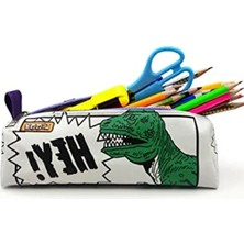 Ulu Pazarlama Üçgen Kalem Kutusu, Dinazor Desenli Jumbo Vegan Deri