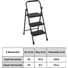 Asil 3 Basamaklı Taşıma Kulplu Katlanır Siyah Metal Merdiven | Güvenlik Kilitli, Taşıma Kulplu Kaymaz Basamaklı Merdiven