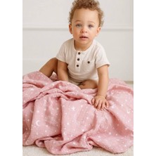 Caline Baby %100 Pamuk Premium & Hafif Müslin Bezi Örtüsü I 120x120 cm I Pembe I Yıldız Desenli &  4 Adet Ağız Mendili 27x27cm