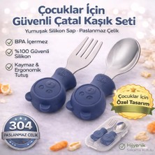 Jojobebek Lacivert Renk Ayıcık Figürlü Premium Çocuk BPA Free Silikon Sap Paslanmaz Çelik Uçlu Çatal-Kaşık Set ve Saklama Kutusu 9+ Ay