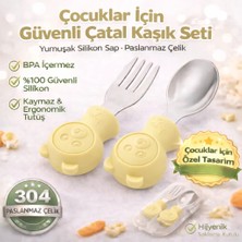 Jojobebek Sarı Renk Ayıcık Figürlü Premium Çocuk BPA Free Silikon Sap Paslanmaz Çelik Uçlu Çatal-Kaşık Set ve Saklama Kutusu 9+ Ay