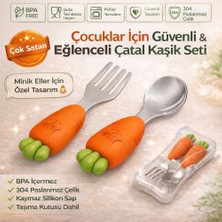 Jojobebek Turuncu Renk Havuç Figürlü Premium Çocuk BPA Free Silikon Sap Paslanmaz Çelik Uçlu Çatal-Kaşık Set ve Saklama Kutusu 9+ Ay