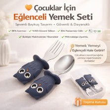 Jojobebek  Baykuş Figürlü Premium Çocuk Bpa Free Silikon Sap Paslanmaz Çelik Uçlu Çatal-Kaşık Set 9+ Ay (Lacivert Renk)