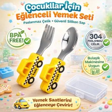 Jojobebek Sarı Renk Taksi Figürlü Premium Çocuk BPA Free Silikon Sap Paslanmaz Çelik Uçlu Çatal-Kaşık Set ve Saklama Kutusu 9+ Ay