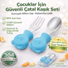Jojobebek Ayıcık Figürlü Premium Çocuk Bpa'sız Silikon Saplı Paslanmaz Çelik Uçlu Çatal-Kaşık/saklama Kutusu 9+Ay