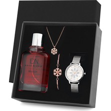 Duke Nickle Gümüş: Kadın Gümüş Kare Kol Saati, Parfüm ve Zirkon Taşlı Kolye-Bileklik Lüks Hediye Seti