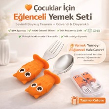 Turuncu Baykuş Figürlü Premium Çocuk Bpa Free Silikon Sap Paslanmaz Çelik Uçlu Çatal-Kaşık Set 9+ Ay