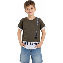 My Kids Erkek Çocuk Life Style Yazı Desenli Cepli Haki Renk Tişört