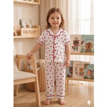 Vavbaby Kız Çocuk Pamuklu Kruvaze Yaka Önden Düğmeli Küçük Kalp Desenli Mevsimlik Alt Üst Pijama Takım