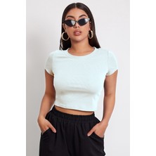 Pms Kadın Beyaz Yuvarlak Yaka Yarım Kol Crop Top Bluz