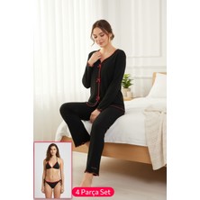 Pms Premium Kadın 4’lü Fitilli Set – Siyah Kırmızı Biyeli (Pijama Üst, Pantolon, Bikini Takımı)