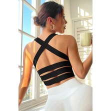 Pms Kadın Siyah Sırtı Çapraz Lastik Detaylı Crop Top Bluz