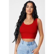 Pms Kadın Kırmızı Kare Yaka Crop Top Bluz