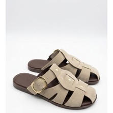 Vonje Spring Bej Bantlı Kafes Model Tokalı Arkası Açık Terlik